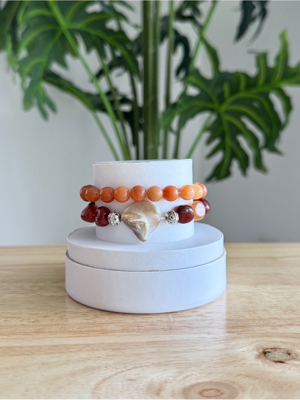 Ryze Party Orange Agate Pearl Beaded Bracelet Stack Gemstone Stretch Staxx Set